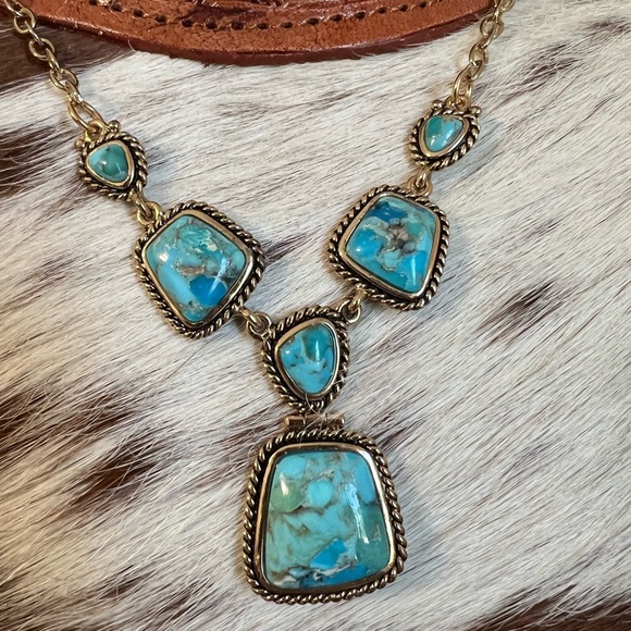 ✨New Genuine Blue Turquoise Stone Pendant Boho Necklace Statement Jewelry Brass - Picture 4 of 13
